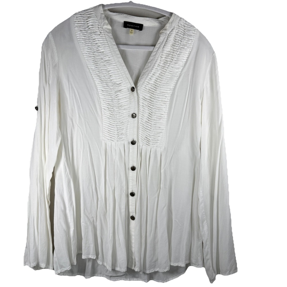 SPENSE Women's White Med Long Pleated V Neck Tunic Top‎ Cottage Core Roll Sleeve